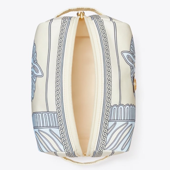 Tory Burch Virginia Printed Large Cosmetic Case Bag Blue Zebra Gold Blue Cream - Picture 10 of 10